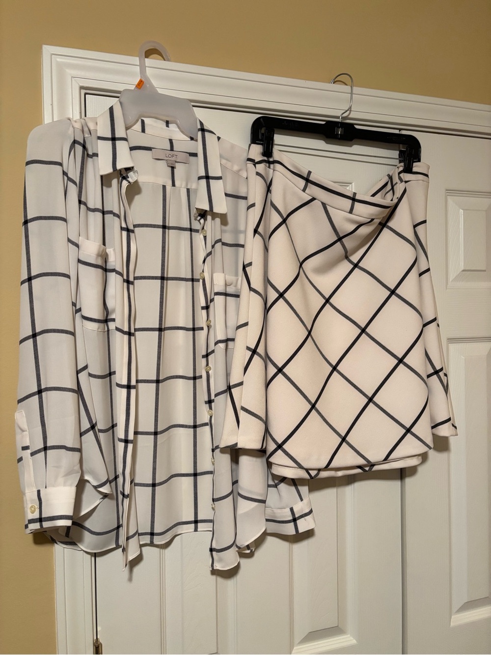 LOFT Cream and Black Windowpane Button-Down Shirt and Skirt Set